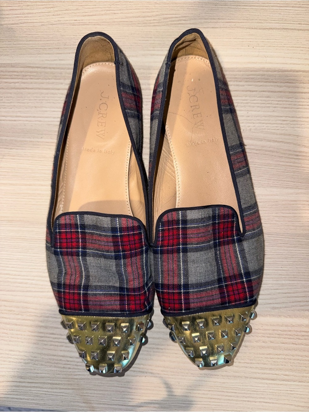 J. Crew Plaid Studded Cap-Toe Flats - Red, Gray, Gold - Picture 2 of 5